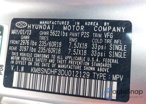 2013 Hyundai Santa Fe Gls z USA, uszkodzony, nr VIN KM8SNDHF3DU012129